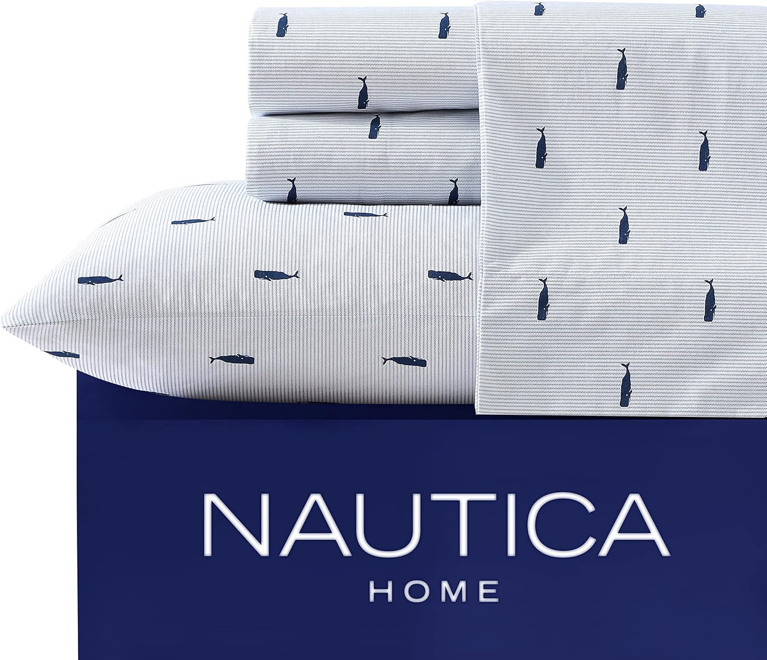 Nautica - Twin Sheets, Cotton Percale Bedding Set, Lightweight & Breathable Home Decor, Dorm Room Essentials (Whale Stripe Blue, Twin)